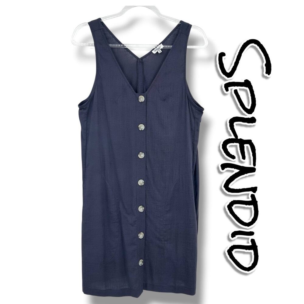 Splendid Linen Blend Button Front Shift Dress Blue Sleeveless M Lightweight